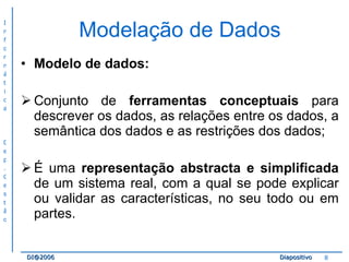 Modelação de Dados Modelo de dados:  Conjunto de  ferramentas conceptuais  para descrever os dados, as relações entre os dados, a semântica dos dados e as restrições dos dados; É uma  representação abstracta e simplificada  de um sistema real, com a qual se pode explicar ou validar as características, no seu todo ou em partes. 