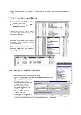 registos e colocar numa zona distinta da folha de cálculo, os registos que satisfazem a condição ou
condições.

FILTRO AUTOMÁTICO - AUTOFILTER
1. Seleccione no menu Dados (Data) o
comando Filtro (Filter).
2. Dê um Clique na opção Filtro
automático (AutoFilter).

Agregado aos títulos das colunas surgem
uns botões (“drop-down arrow”) que dão
acesso a uma “List Box”.

Para filtrar os dados abra a caixa de lista
do respectivo campo e seleccione os dados
que pretende filtrar.
Abra novamente a caixa de lista e
seleccione Todos (All) para visualizar
todos os registos.

CRIAR UM FILTRO AUTOMÁTICO (AUTOFILTER)

1.
2.
3.

4.
5.

Seleccione uma célula dentro da Base de dados.
Escolha o comando Filtro (Filter) no menu Dados (Data) e seleccione
Filtro automático (Auto Filter).
Repare que surgem botões
associados a cada coluna da lista
ou tabela. Dê um Clique no
botão da coluna que contêm a
informação pela qual pretende
estabelecer o filtro.
Seleccione "Personalizar"
(“Custom” ) na lista.
Dê um clique na “drop-down” da
1ª caixa, de forma a seleccionar o operador relacional que pretende utilizar no critério. Na segunda
caixa, digite o valor ou o texto com o qual pretende estabelecer a comparação.

4

 