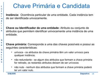 II 
nn 
ff 
oo 
rr 
mm 
áá 
tt 
ii 
cc 
aa 
DD 
ee 
pp 
.. 
GG 
ee 
ss 
tt 
ãã 
oo 
Chave Primária e Candidata 
Instância: Ocorrência particular de uma entidade. Cada instância tem 
de ser identificada univocamente. 
Chave ou Identificador de uma entidade: Atributo ou conjunto de 
atributos que permitem identificar univocamente uma instância de uma 
entidade. 
Chave primária: Corresponde a uma das chaves possíveis e possui as 
seguintes características: 
• unívoca - os atributos da chave primária têm um valor unívoco para 
qualquer instância; 
• não redundante - se algum dos atributos que formam a chave primária 
for retirado, os restantes atributos deixam de ser unívocos 
• não nula - nenhum dos atributos que formam a chave primária poderá 
ter um valor nulo. 
DDII@@22000066 DDiiaappoossiittiivvoo 18 
 
