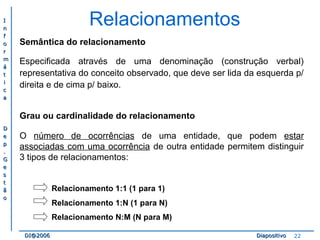 II 
nn 
ff 
oo 
rr 
mm 
áá 
tt 
ii 
cc 
aa 
DD 
ee 
pp 
.. 
GG 
ee 
ss 
tt 
ãã 
oo 
Relacionamentos 
Semântica do relacionamento 
Especificada através de uma denominação (construção verbal) 
representativa do conceito observado, que deve ser lida da esquerda p/ 
direita e de cima p/ baixo. 
Grau ou cardinalidade do relacionamento 
O número de ocorrências de uma entidade, que podem estar 
associadas com uma ocorrência de outra entidade permitem distinguir 
3 tipos de relacionamentos: 
Relacionamento 1:1 (1 para 1) 
Relacionamento 1:N (1 para N) 
Relacionamento N:M (N para M) 
DDII@@22000066 DDiiaappoossiittiivvoo 22 
 