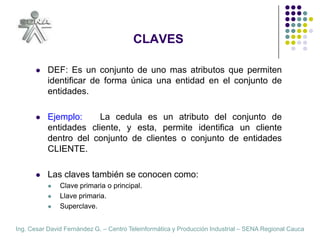 CLAVESDEF: Es un conjunto de uno mas atributos que permiten identificar de forma única una entidad en el conjunto de entidades.Ejemplo:   La cedula es un atributo del conjunto de entidades cliente, y esta, permite identificar un cliente dentro del conjunto de clientes o conjunto de entidades CLIENTE.Las claves también se conocen como:Clave primaria o principal.Llave primaria.Superclave.