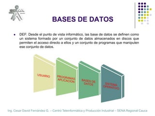 BASES DE DATOSDEF: Desde el punto de vista informático, las base de datos se definen como un sistema formado por un conjunto de datos almacenados en discos que permiten el acceso directo a ellos y un conjunto de programas que manipulen ese conjunto de datos.