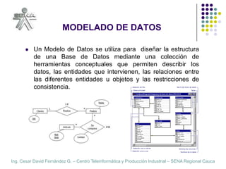 MODELADO DE DATOSUn Modelo de Datos se utiliza para  diseñar la estructura de una Base de Datos mediante una colección de herramientas conceptuales que permiten describir los datos, las entidades que intervienen, las relaciones entre las diferentes entidades u objetos y las restricciones de consistencia.