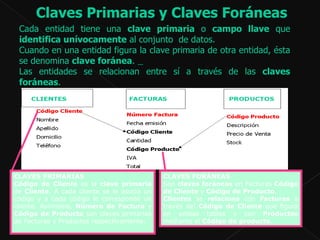 Cada entidad tiene una  clave primaria  o  campo llave  que  identifica unívocamente  al conjunto  de datos.  Cuando en una entidad figura la clave primaria de otra entidad, ésta se denomina  clave foránea .  Las entidades se relacionan entre sí a través de las  claves foráneas .  Claves Primarias y Claves Foráneas  CLAVES PRIMARIAS  Código de Cliente  es la  clave primaria  de  Cliente . A   cada cliente se le asocia un código y a cada código le corresponde un cliente. Asimismo,  Número de Factura  y  Código de Producto  son claves primarias de Facturas y Productos respectivamente.  CLAVES FORÁNEAS   Son  claves foráneas  en Facturas  Código de Cliente  y  Código de Producto .  Clientes  se  relaciona  con  Facturas  a través del  Código de Cliente  que figura en ambas tablas y con  Productos  mediante el  Código de producto .  
