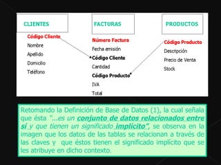 Retomando la Definición de Base de Datos (1), la cual   señala que ésta  “...es un  conjunto de datos relacionados entre sí   y que tienen un significado  implícito” , se observa en la imagen que los datos de las tablas se relacionan a través de las claves y  que éstos tienen el significado implícito que se les atribuye en dicho contexto .  