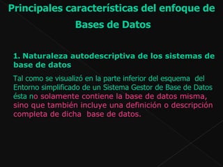Principales características del enfoque de Bases de Datos 1.  Naturaleza autodescriptiva de los sistemas de base de datos    Tal como se visualizó en la parte inferior del esquema  del  Entorno simplificado de un Sistema Gestor de Base de Datos  ésta n o solamente contiene la base de datos misma, sino que también incluye una definición o descripción completa de dicha  base de datos.   