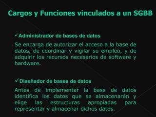 Administrador de bases de datos Se encarga de autorizar el acceso a la base de datos, de coordinar y vigilar su empleo, y de adquirir los recursos necesarios de software y hardware.   Diseñador de bases de datos   Antes de implementar la base de datos identifica los datos que se almacenarán y elige las estructuras apropiadas para representar y almacenar dichos datos.   .    Cargos y Funciones vinculados a un SGBB  