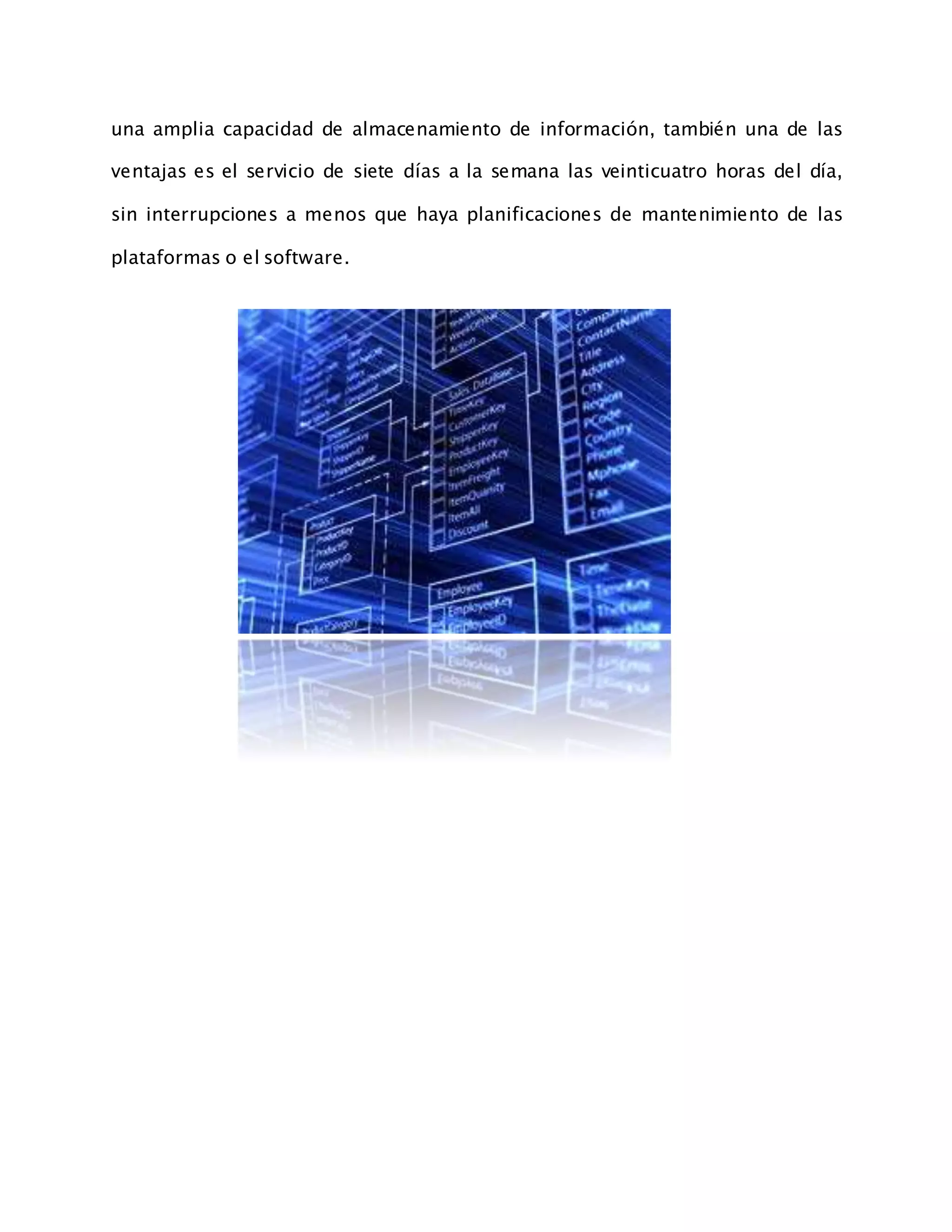 una amplia capacidad de almacenamiento de información, también una de las
ventajas es el servicio de siete días a la semana las veinticuatro horas del día,
sin interrupciones a menos que haya planificaciones de mantenimiento de las
plataformas o el software.
 