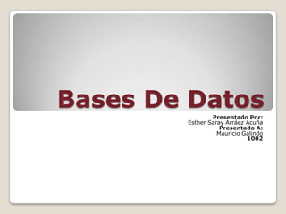 Bases De Datos  Presentado Por:
        Esther Saray Arráez Acuña
                   Presentado A:
                  Mauricio Galindo
                            1002
 