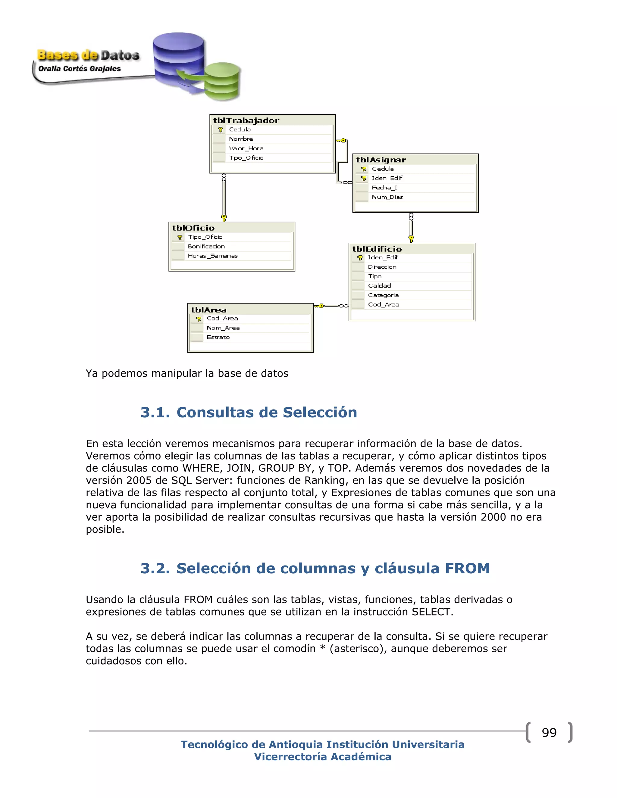 Ya podemos manipular la base de datos
3.1. Consultas de Selección
En esta lección veremos mecanismos para recuperar información de la base de datos.
Veremos cómo elegir las columnas de las tablas a recuperar, y cómo aplicar distintos tipos
de cláusulas como WHERE, JOIN, GROUP BY, y TOP. Además veremos dos novedades de la
versión 2005 de SQL Server: funciones de Ranking, en las que se devuelve la posición
relativa de las filas respecto al conjunto total, y Expresiones de tablas comunes que son una
nueva funcionalidad para implementar consultas de una forma si cabe más sencilla, y a la
ver aporta la posibilidad de realizar consultas recursivas que hasta la versión 2000 no era
posible.
3.2. Selección de columnas y cláusula FROM
Usando la cláusula FROM cuáles son las tablas, vistas, funciones, tablas derivadas o
expresiones de tablas comunes que se utilizan en la instrucción SELECT.
A su vez, se deberá indicar las columnas a recuperar de la consulta. Si se quiere recuperar
todas las columnas se puede usar el comodín * (asterisco), aunque deberemos ser
cuidadosos con ello.
Tecnológico de Antioquia Institución Universitaria
Vicerrectoría Académica
99
 