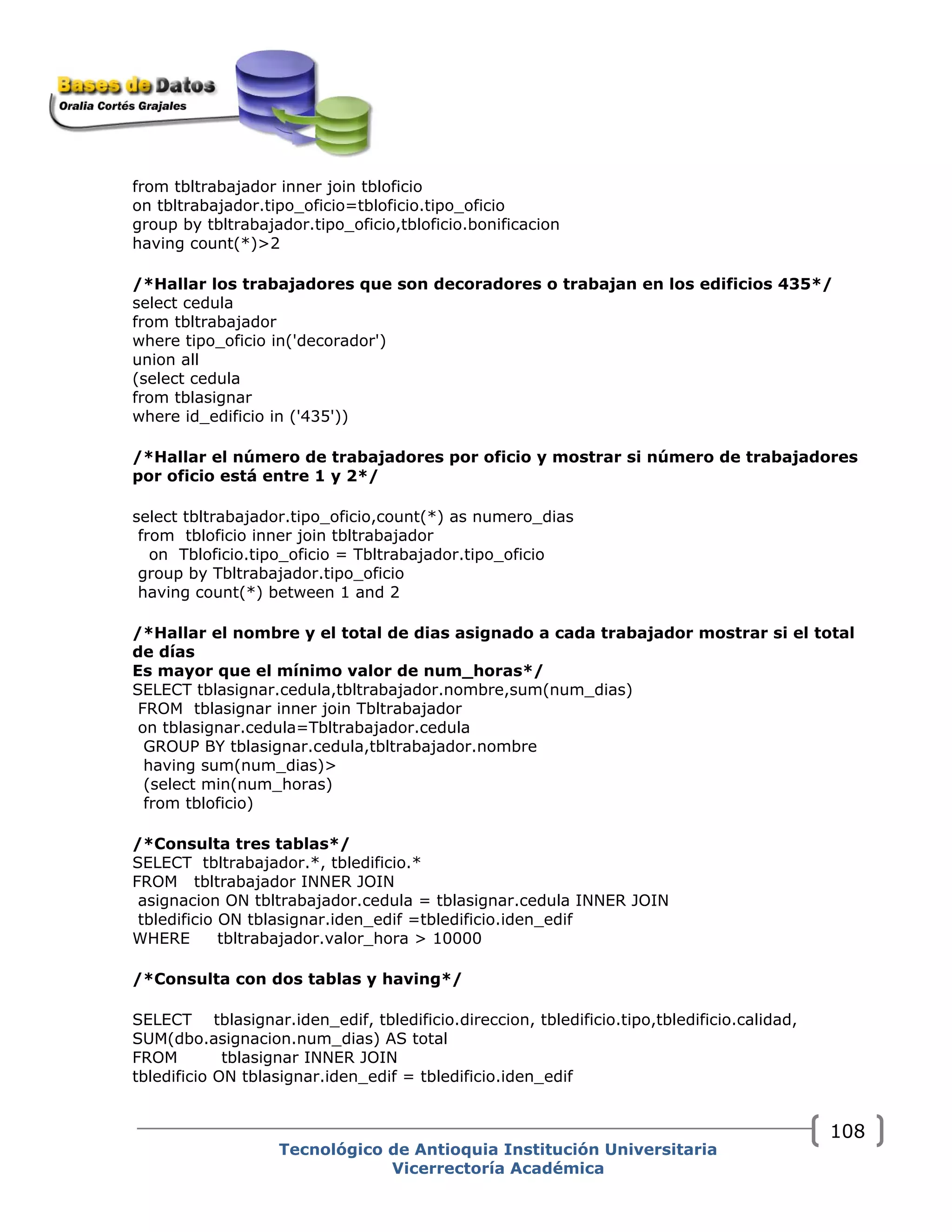 from tbltrabajador inner join tbloficio
on tbltrabajador.tipo_oficio=tbloficio.tipo_oficio
group by tbltrabajador.tipo_oficio,tbloficio.bonificacion
having count(*)>2
/*Hallar los trabajadores que son decoradores o trabajan en los edificios 435*/
select cedula
from tbltrabajador
where tipo_oficio in('decorador')
union all
(select cedula
from tblasignar
where id_edificio in ('435'))
/*Hallar el número de trabajadores por oficio y mostrar si número de trabajadores
por oficio está entre 1 y 2*/
select tbltrabajador.tipo_oficio,count(*) as numero_dias
from tbloficio inner join tbltrabajador
on Tbloficio.tipo_oficio = Tbltrabajador.tipo_oficio
group by Tbltrabajador.tipo_oficio
having count(*) between 1 and 2
/*Hallar el nombre y el total de dias asignado a cada trabajador mostrar si el total
de días
Es mayor que el mínimo valor de num_horas*/
SELECT tblasignar.cedula,tbltrabajador.nombre,sum(num_dias)
FROM tblasignar inner join Tbltrabajador
on tblasignar.cedula=Tbltrabajador.cedula
GROUP BY tblasignar.cedula,tbltrabajador.nombre
having sum(num_dias)>
(select min(num_horas)
from tbloficio)
/*Consulta tres tablas*/
SELECT tbltrabajador.*, tbledificio.*
FROM tbltrabajador INNER JOIN
asignacion ON tbltrabajador.cedula = tblasignar.cedula INNER JOIN
tbledificio ON tblasignar.iden_edif =tbledificio.iden_edif
WHERE tbltrabajador.valor_hora > 10000
/*Consulta con dos tablas y having*/
SELECT tblasignar.iden_edif, tbledificio.direccion, tbledificio.tipo,tbledificio.calidad,
SUM(dbo.asignacion.num_dias) AS total
FROM tblasignar INNER JOIN
tbledificio ON tblasignar.iden_edif = tbledificio.iden_edif
Tecnológico de Antioquia Institución Universitaria
Vicerrectoría Académica
108
 