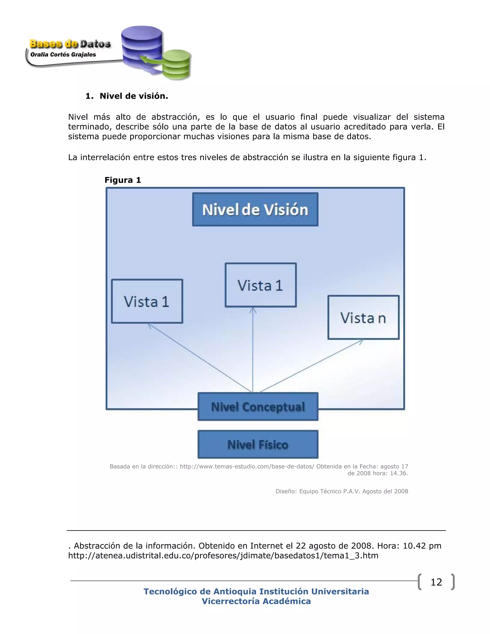 1. Nivel de visión.
Nivel más alto de abstracción, es lo que el usuario final puede visualizar del sistema
terminado, describe sólo una parte de la base de datos al usuario acreditado para verla. El
sistema puede proporcionar muchas visiones para la misma base de datos.
La interrelación entre estos tres niveles de abstracción se ilustra en la siguiente figura 1.
Figura 1
Basada en la dirección:: http://www.temas-estudio.com/base-de-datos/ Obtenida en la Fecha: agosto 17
de 2008 hora: 14.36.
Diseño: Equipo Técnico P.A.V. Agosto del 2008
. Abstracción de la información. Obtenido en Internet el 22 agosto de 2008. Hora: 10.42 pm
http://atenea.udistrital.edu.co/profesores/jdimate/basedatos1/tema1_3.htm
Tecnológico de Antioquia Institución Universitaria
Vicerrectoría Académica
12
 