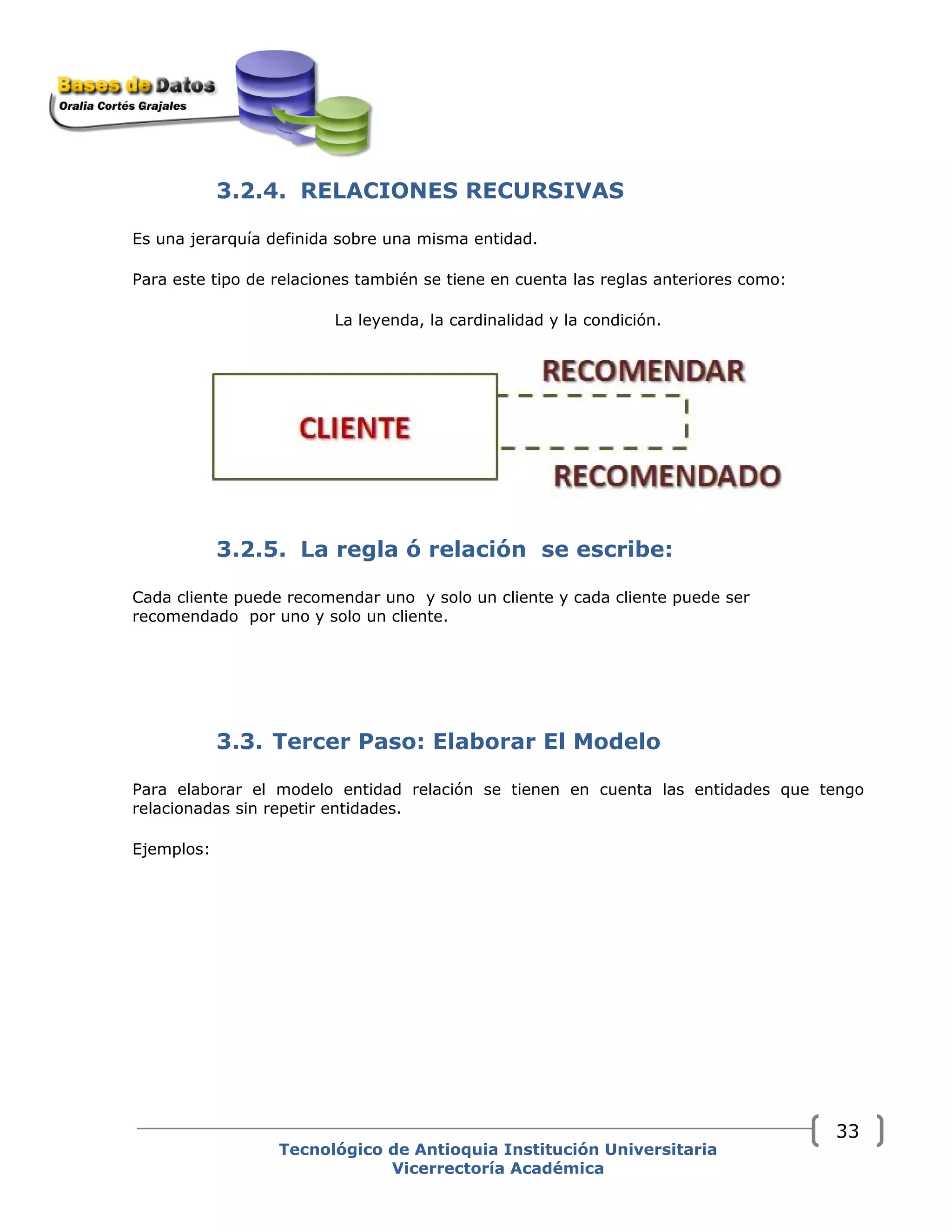 3.2.4. RELACIONES RECURSIVAS
Es una jerarquía definida sobre una misma entidad.
Para este tipo de relaciones también se tiene en cuenta las reglas anteriores como:
La leyenda, la cardinalidad y la condición.
3.2.5. La regla ó relación se escribe:
Cada cliente puede recomendar uno y solo un cliente y cada cliente puede ser
recomendado por uno y solo un cliente.
3.3. Tercer Paso: Elaborar El Modelo
Para elaborar el modelo entidad relación se tienen en cuenta las entidades que tengo
relacionadas sin repetir entidades.
Ejemplos:
Tecnológico de Antioquia Institución Universitaria
Vicerrectoría Académica
33
 
