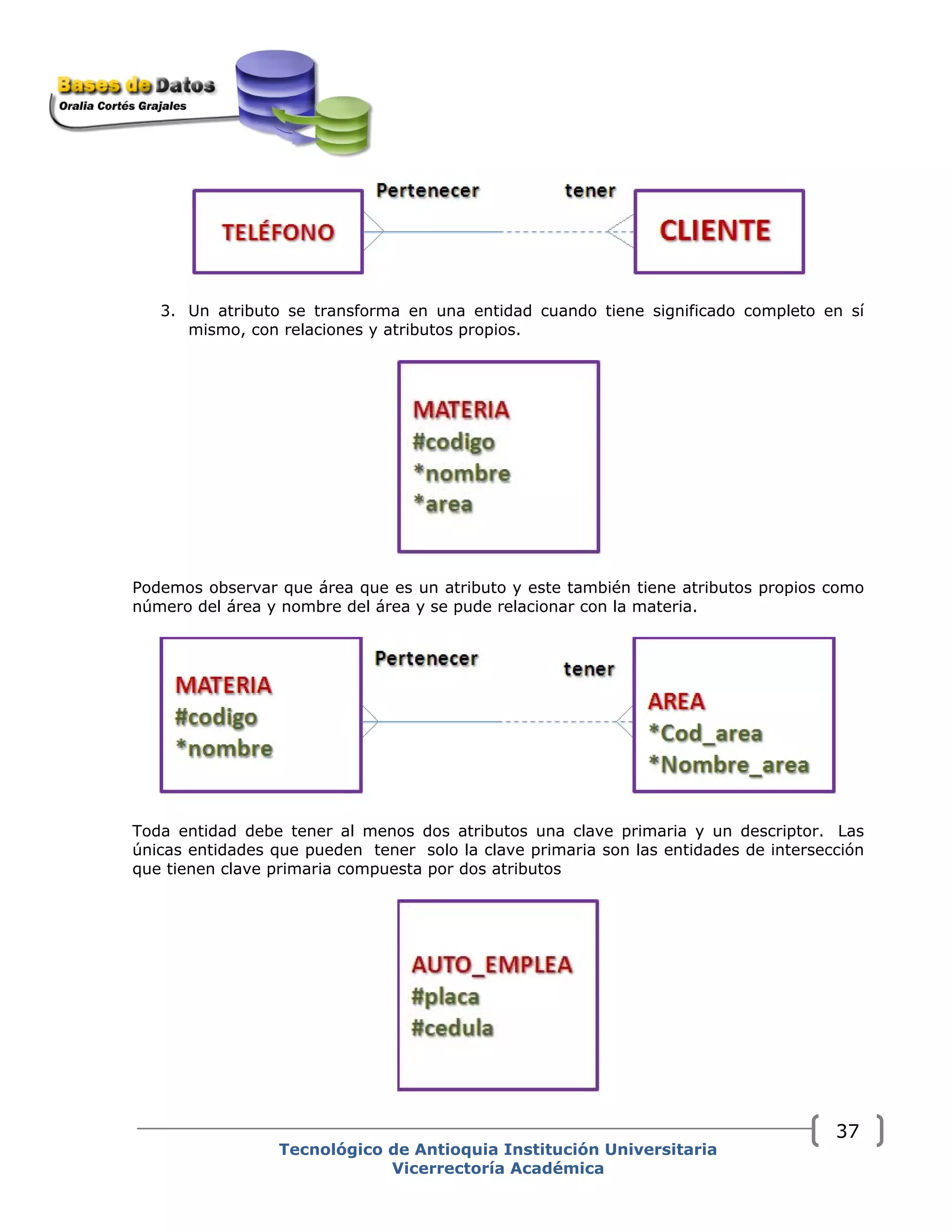 3. Un atributo se transforma en una entidad cuando tiene significado completo en sí
mismo, con relaciones y atributos propios.
Podemos observar que área que es un atributo y este también tiene atributos propios como
número del área y nombre del área y se pude relacionar con la materia.
Toda entidad debe tener al menos dos atributos una clave primaria y un descriptor. Las
únicas entidades que pueden tener solo la clave primaria son las entidades de intersección
que tienen clave primaria compuesta por dos atributos
Tecnológico de Antioquia Institución Universitaria
Vicerrectoría Académica
37
 