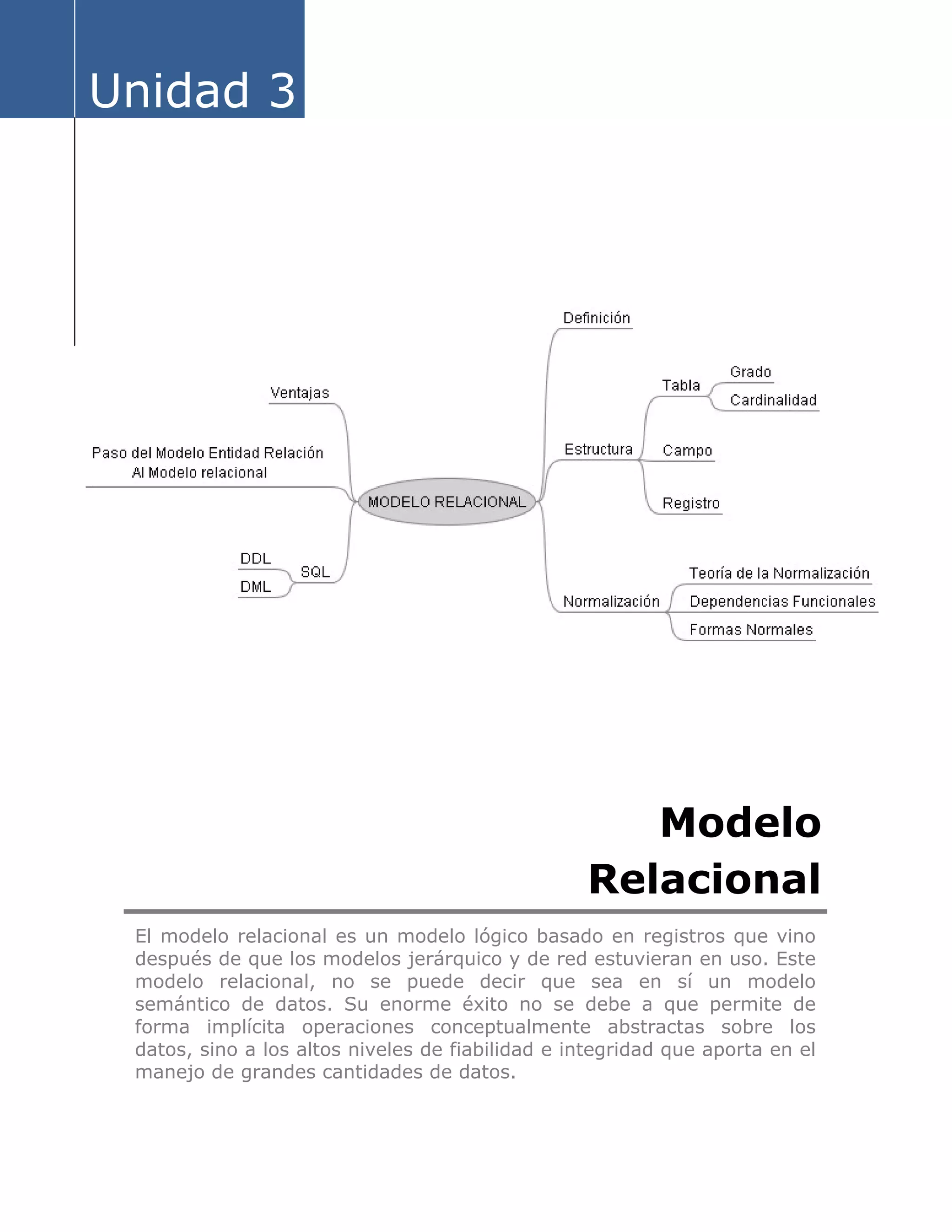 Unidad 3
Modelo
Relacional
El modelo relacional es un modelo lógico basado en registros que vino
después de que los modelos jerárquico y de red estuvieran en uso. Este
modelo relacional, no se puede decir que sea en sí un modelo
semántico de datos. Su enorme éxito no se debe a que permite de
forma implícita operaciones conceptualmente abstractas sobre los
datos, sino a los altos niveles de fiabilidad e integridad que aporta en el
manejo de grandes cantidades de datos.
 