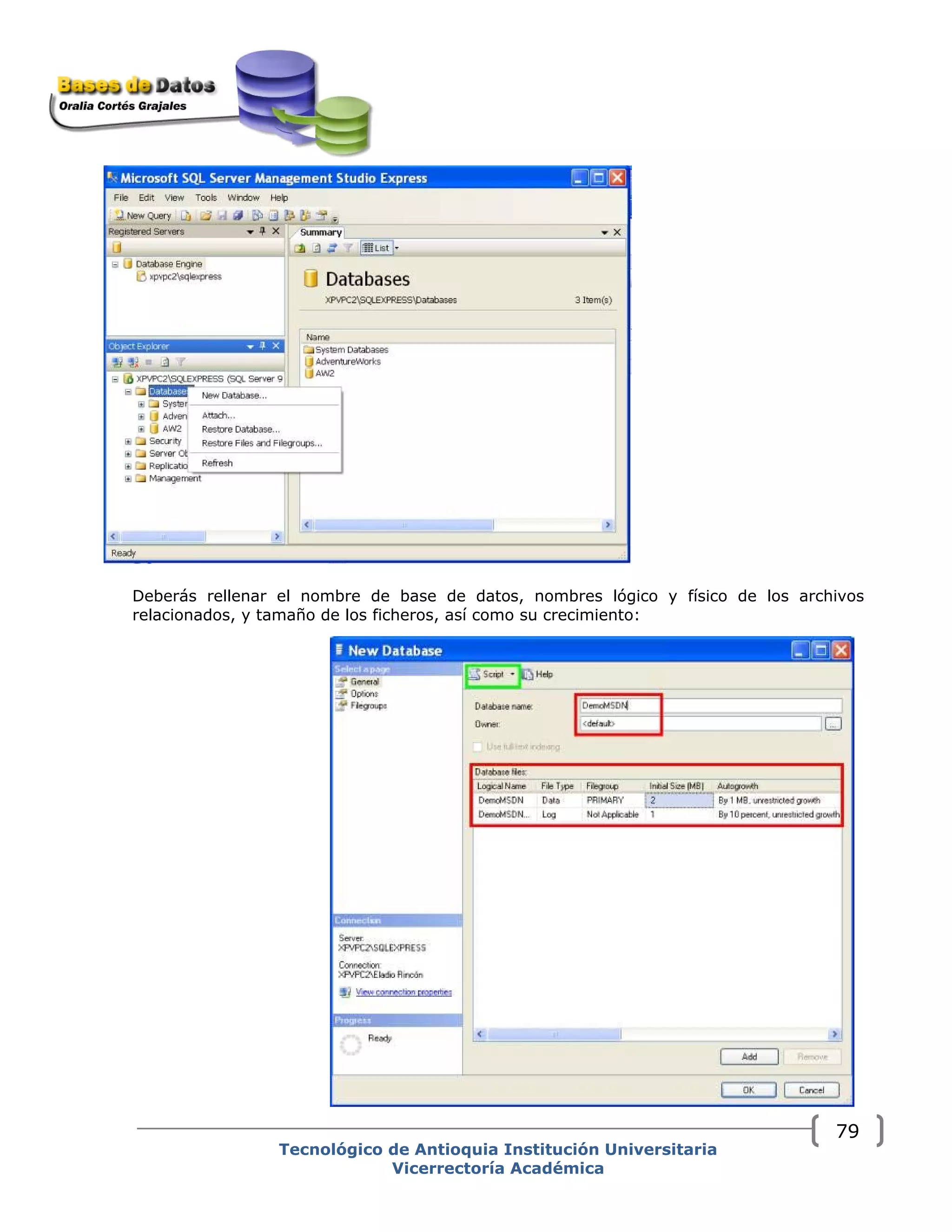 Deberás rellenar el nombre de base de datos, nombres lógico y físico de los archivos
relacionados, y tamaño de los ficheros, así como su crecimiento:
Tecnológico de Antioquia Institución Universitaria
Vicerrectoría Académica
79
 