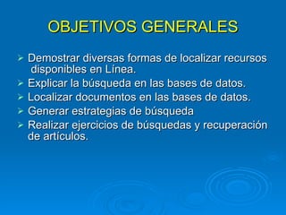 OBJETIVOS GENERALES Demostrar diversas formas de localizar recursos disponibles en Línea. Explicar la búsqueda en las bases de datos. Localizar documentos en las bases de datos. Generar estrategias de búsqueda Realizar ejercicios de búsquedas y recuperación de artículos.