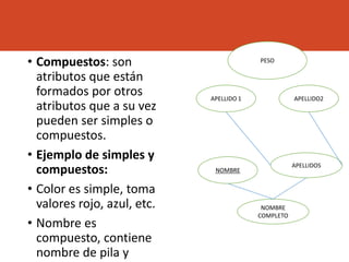 • Compuestos: son
atributos que están
formados por otros
atributos que a su vez
pueden ser simples o
compuestos.
• Ejemplo de simples y
compuestos:
• Color es simple, toma
valores rojo, azul, etc.
• Nombre es
compuesto, contiene
nombre de pila y
PESO
APELLIDO 1 APELLIDO2
APELLIDOS
NOMBRE
NOMBRE
COMPLETO
 
