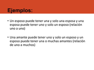 Ejemplos:
• Un esposo puede tener una y solo una esposa y una
esposa puede tener uno y solo un esposo (relación
uno a uno)
• Una amante puede tener uno y solo un esposo y un
esposo puede tener una o muchas amantes (relación
de uno a muchos)
 