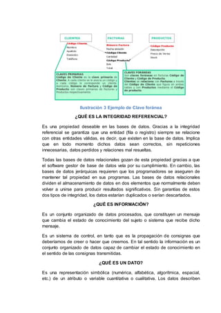 Ilustración 3 Ejemplo de Clave foránea
¿QUÉ ES LA INTEGRIDAD REFERENCIAL?
Es una propiedad deseable en las bases de datos. Gracias a la integridad
referencial se garantiza que una entidad (fila o registro) siempre se relacione
con otras entidades válidas, es decir, que existen en la base de datos. Implica
que en todo momento dichos datos sean correctos, sin repeticiones
innecesarias, datos perdidos y relaciones mal resueltas.
Todas las bases de datos relacionales gozan de esta propiedad gracias a que
el software gestor de base de datos vela por su cumplimiento. En cambio, las
bases de datos jerárquicas requieren que los programadores se aseguren de
mantener tal propiedad en sus programas. Las bases de datos relacionales
dividen el almacenamiento de datos en dos elementos que normalmente deben
volver a unirse para producir resultados significativos. Sin garantías de estos
dos tipos de integridad, los datos estarían duplicados o serían descartados.
¿QUÉ ES INFORMACIÓN?
Es un conjunto organizado de datos procesados, que constituyen un mensaje
que cambia el estado de conocimiento del sujeto o sistema que recibe dicho
mensaje.
Es un sistema de control, en tanto que es la propagación de consignas que
deberíamos de creer o hacer que creemos. En tal sentido la información es un
conjunto organizado de datos capaz de cambiar el estado de conocimiento en
el sentido de las consignas transmitidas.
¿QUÉ ES UN DATO?
Es una representación simbólica (numérica, alfabética, algorítmica, espacial,
etc.) de un atributo o variable cuantitativa o cualitativa. Los datos describen
 