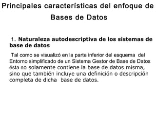 Principales características del enfoque de
Bases de Datos
1. Naturaleza autodescriptiva de los sistemas de
base de datos
  Tal como se visualizó en la parte inferior del esquema del
Entorno simplificado de un Sistema Gestor de Base de Datos
ésta no solamente contiene la base de datos misma,
sino que también incluye una definición o descripción
completa de dicha base de datos.
 