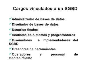 Cargos vinculados a un SGBD
Administrador de bases de datos
Diseñador de bases de datos
Usuarios finales
Analistas de sistemas y programadores
Diseñadores e implementadores del
SGBD
Creadores de herramientas
Operadores y personal de
mantenimiento
 