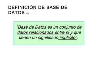 DEFINICIÓN DE BASE DE
DATOS (1)
“Base de Datos es un conjunto de
datos relacionados entre sí y que
tienen un significado implícito”.
 