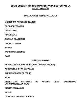 CÓMO ENCUENTRO INFORMACIÓN PARA SUSTENTAR LA
INVESTIGACIÓN
BUSCADORES ESPECIALIZADOS
MICROSOFT ACADEMIC SEARCH
SCIENCERESEARCH
GLOBALSPEC
RECOLECTA
GOOGLE ACADEMICO
GOOGLE LIBROS
SCIRUS
WORLDWIDESCIENCE
BASE
BASES DE DATOS
ABSTRACTED BUSINESS INFORMATION (ABI-INFORM)
ACCOUNTING &TAX DATABASE
ALEXANDERSTREET PRESS
BAST
BIBLIOTECAS VIRTUALES DE ACCESO LIBRE- UNIVERSIDAD
LATINOAMERICANA (ULA)
BIBLIOTECHNIA-GDC
BIOSIS
CAMBIDGE UNIVERSITY PRESS
 