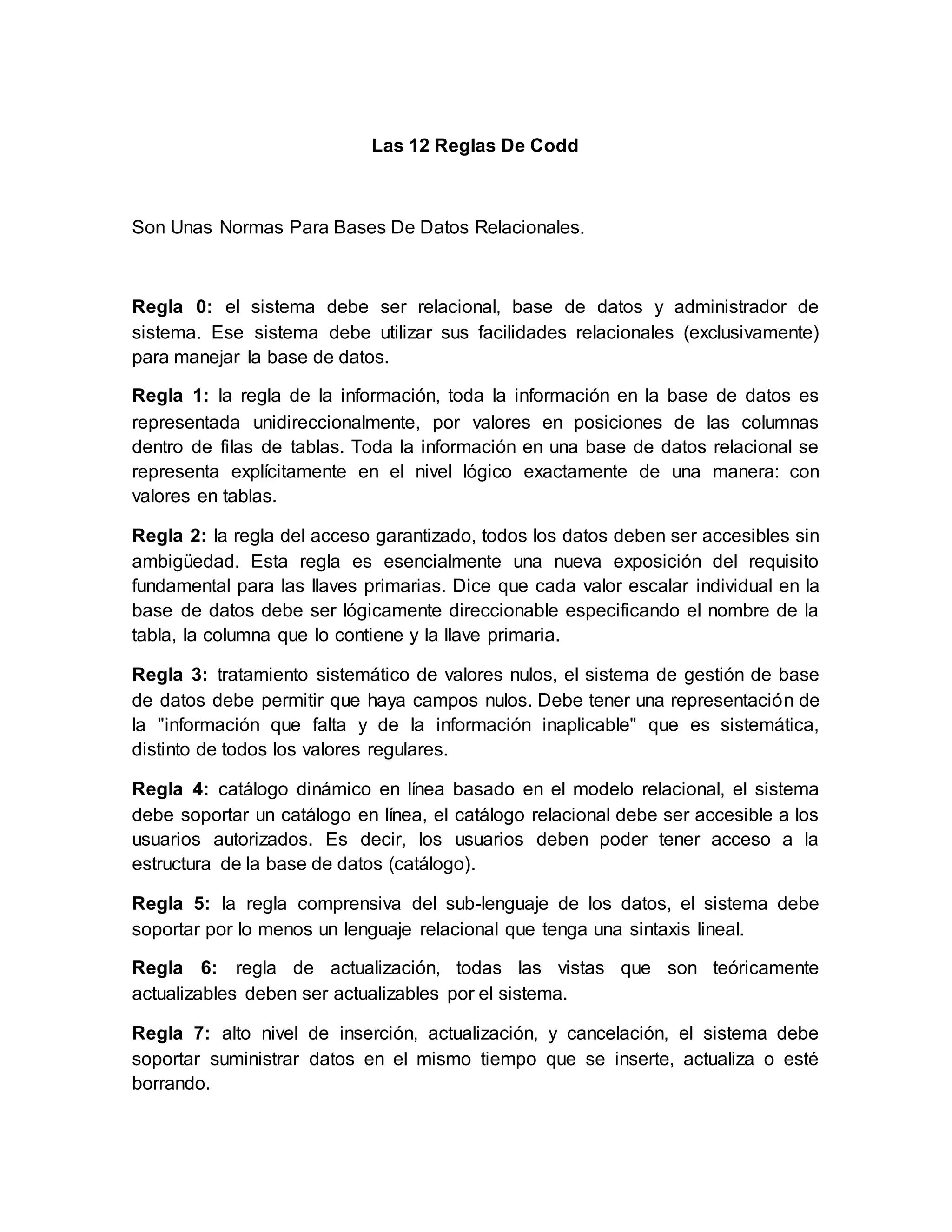 Bases de datos Las 12 Reglas De Codd | PDF