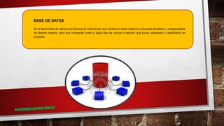 BASE DE DATOS
Se le llama base de datos a los bancos de información que contienen datos relativos a diversas temáticas y categorizados
de distinta manera, pero que comparten entre sí algún tipo de vínculo o relación que busca ordenarlos y clasificarlos en
conjunto.
 