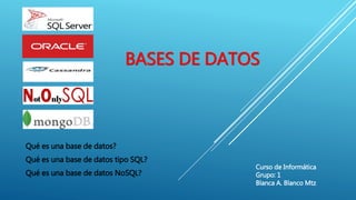 BASES DE DATOS
Qué es una base de datos?
Qué es una base de datos tipo SQL?
Qué es una base de datos NoSQL?
Curso de Informática
Grupo: 1
Blanca A. Blanco Mtz
 