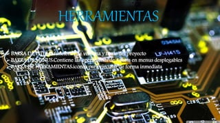 HERRAMIENTAS
BARRA DE TITULO:funciones de ventana y titulo del proyecto
BARRA DE MENUS:Contiene las operaciones de Access en menus desplegables
BARRA DE HERRAMIENTAS:iconos para ejecutar de forma inmediata
 