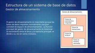 Estructura de un sistema de base de datos
Gestor de almacenamiento
El gestor de almacenamiento es importante porque las
bases de datos requieren normalmente una gran
cantidad de espacio de almacenamiento. . La función
principal del gestor de almacenamiento es minimizar
el movimiento entre el disco y la memoria principal. se
divide a su vez en varios módulos.
 