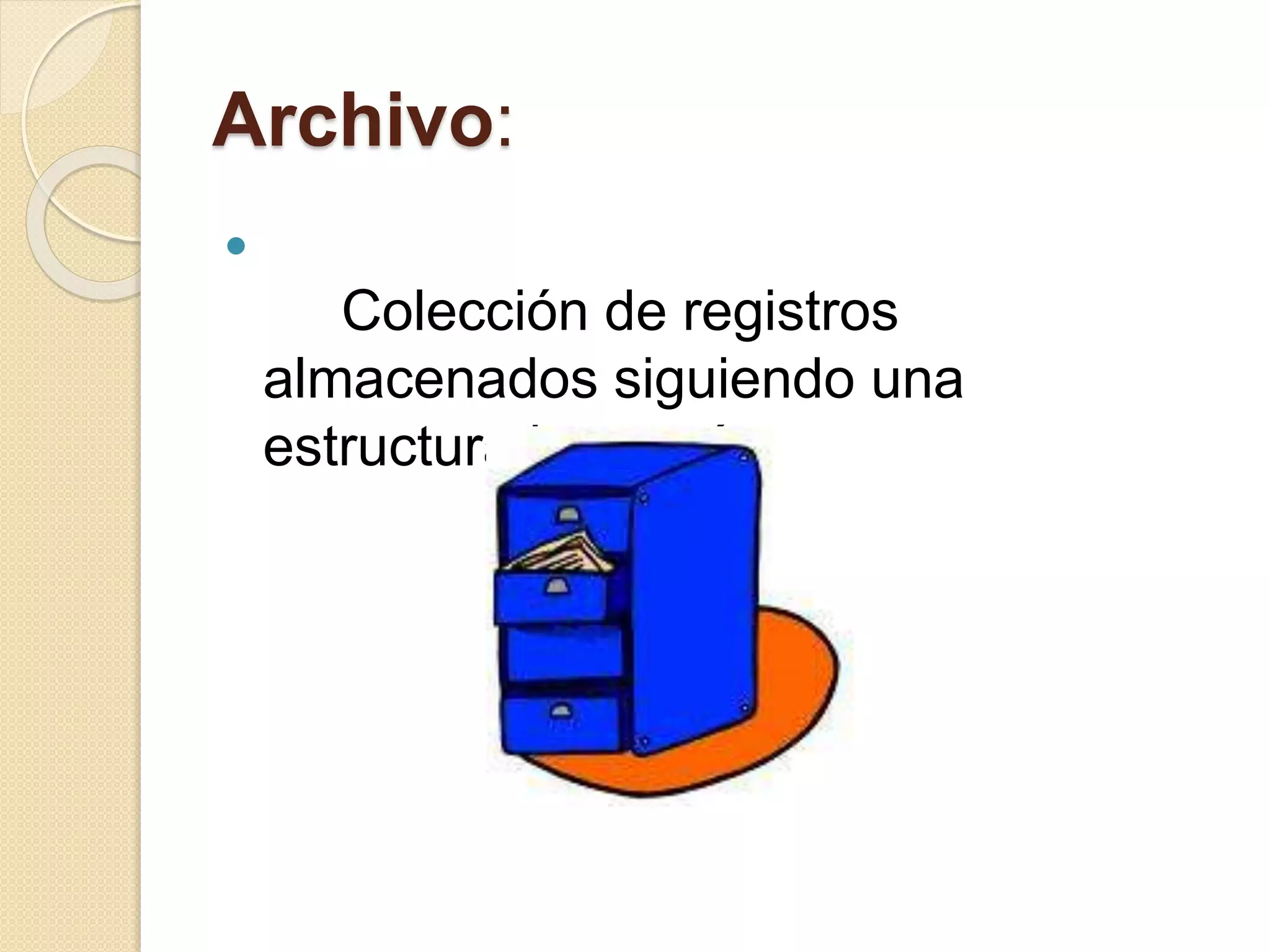 Archivo:

Colección de registros
almacenados siguiendo una
estructura homogénea.
 