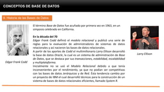 CONCEPTOS DE BASE DE DATOS
II. Historia de las Bases de Datos
El término Base de Datos fue acuñado por primera vez en 1963, en un
simposio celebrado en California.
En la década del 70
Edgar Frank Codd definió el modelo relacional y publicó una serie de
reglas para la evaluación de administradores de sistemas de datos
relacionales y así nacieron las bases de datos relacionales.
A partir de los aportes de Codd el multimillonario Larry Ellison desarrolló
la base de datos Oracle, la cual es un sistema de administración de Base
de Datos, que se destaca por sus transacciones, estabilidad, escalabilidad
y multiplataforma.
Inicialmente no se usó el Modelo Relacional debido a que tenía
inconvenientes por el rendimiento, ya que no podían ser competitivas
con las bases de datos Jerárquicas y de Red. Ésta tendencia cambio por
un proyecto de IBM el cual desarrolló técnicas para la construcción de un
sistema de bases de datos relacionales eficientes, llamado System R.
Edgar Frank Codd
Larry Ellison
 