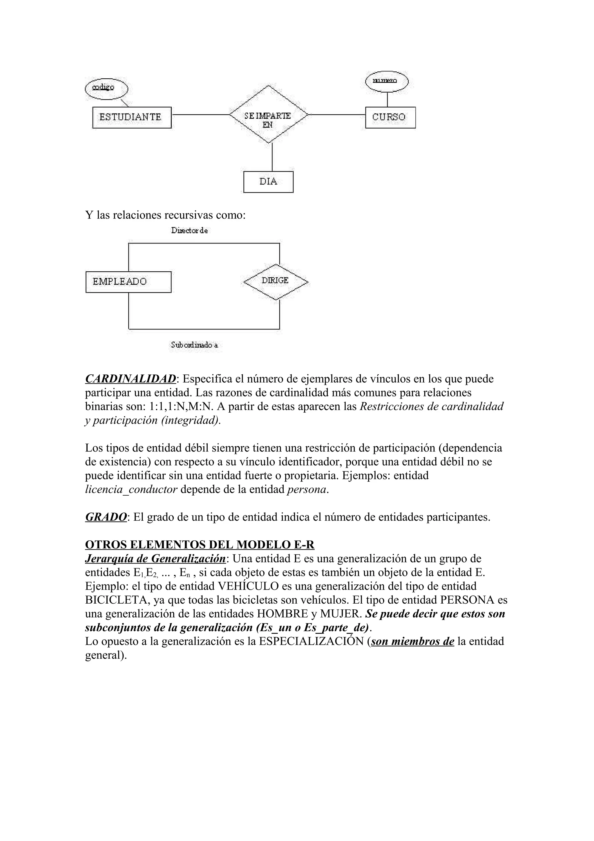 Y las relaciones recursivas como:
CARDINALIDAD: Especifica el número de ejemplares de vínculos en los que puede
participar una entidad. Las razones de cardinalidad más comunes para relaciones
binarias son: 1:1,1:N,M:N. A partir de estas aparecen las Restricciones de cardinalidad
y participación (integridad).
Los tipos de entidad débil siempre tienen una restricción de participación (dependencia
de existencia) con respecto a su vínculo identificador, porque una entidad débil no se
puede identificar sin una entidad fuerte o propietaria. Ejemplos: entidad
licencia_conductor depende de la entidad persona.
GRADO: El grado de un tipo de entidad indica el número de entidades participantes.
OTROS ELEMENTOS DEL MODELO E-R
Jerarquía de Generalización: Una entidad E es una generalización de un grupo de
entidades E1,E2, ... , En , si cada objeto de estas es también un objeto de la entidad E.
Ejemplo: el tipo de entidad VEHÍCULO es una generalización del tipo de entidad
BICICLETA, ya que todas las bicicletas son vehículos. El tipo de entidad PERSONA es
una generalización de las entidades HOMBRE y MUJER. Se puede decir que estos son
subconjuntos de la generalización (Es_un o Es_parte_de).
Lo opuesto a la generalización es la ESPECIALIZACIÓN (son miembros de la entidad
general).
 