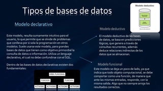 Tipos de bases de datos
Modelo declarativo
Este modelo, resulta sumamente intuitivo para el
usuario, lo que permite que se olvide de problemas
que conlleva por si sola la programación en otros
modelos. Suele usarse este modelo, para grandes
bases de datos que tienen como objetivo primordial la
consulta de datos o información. Utiliza un lenguaje
declarativo, el cual no debe confundirse con el SQL.
Dentro de las bases de datos declarativas existen dos
fundamentales:
Modelo deductivo
El modelo deductivo de las bases
de datos, se basa en predicciones
lógicas, que genera a través de
consultas recurrentes, además
deduce relaciones indirectas de los
datos que se almacenan.
Modelo funcional
Este modelo se deja un poco de lado, ya que
indica que todo objeto computacional, se debe
comportar como una función, de manera que
ante las mismas entradas, responde, con la
misma salida. Algo que no siempre arroja los
resultados correctos.
 