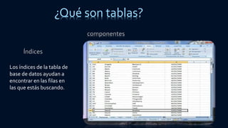 Índices
Los índices de la tabla de
base de datos ayudan a
encontrar en las filas en
las que estás buscando.
¿Qué son tablas?
 