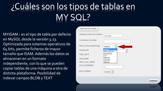 MYISAM.- es el tipo de tabla por defecto
en MySQL desde la versión 3.23.
Optimizada para sistemas operativos de
64 bits, permite ficheros de mayor
tamaño que ISAM. Además los datos se
almacenan en un formato
independiente, con lo que se pueden
copiar tablas de una máquina a otra de
distinta plataforma. Posibilidad de
indexar campos BLOB yTEXT
¿Cuáles son los tipos de tablas en
MY SQL?
 