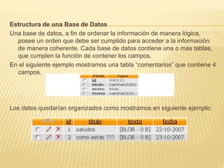 Estructura de una Base de Datos
Una base de datos, a fin de ordenar la información de manera lógica,
posee un orden que debe ser cumplido para acceder a la información
de manera coherente. Cada base de datos contiene una o más tablas,
que cumplen la función de contener los campos.
En el siguiente ejemplo mostramos una tabla “comentarios” que contiene 4
campos.
Los datos quedarían organizados como mostramos en siguiente ejemplo:
 