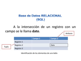 A la intersección de un registro con un
campo se le llama dato.
Campo 1 Campo 2
Registro 1
Registro 2 Dato
Registro 3
Identificación de los elementos de una tabla
Atributo
Tupla
 