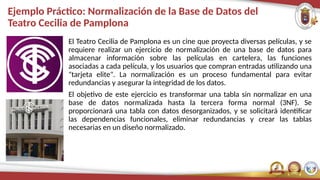 Ejemplo Práctico: Normalización de la Base de Datos del
Teatro Cecilia de Pamplona
El Teatro Cecilia de Pamplona es un cine que proyecta diversas películas, y se
requiere realizar un ejercicio de normalización de una base de datos para
almacenar información sobre las películas en cartelera, las funciones
asociadas a cada película, y los usuarios que compran entradas utilizando una
"tarjeta elite". La normalización es un proceso fundamental para evitar
redundancias y asegurar la integridad de los datos.
El objetivo de este ejercicio es transformar una tabla sin normalizar en una
base de datos normalizada hasta la tercera forma normal (3NF). Se
proporcionará una tabla con datos desorganizados, y se solicitará identificar
las dependencias funcionales, eliminar redundancias y crear las tablas
necesarias en un diseño normalizado.
 