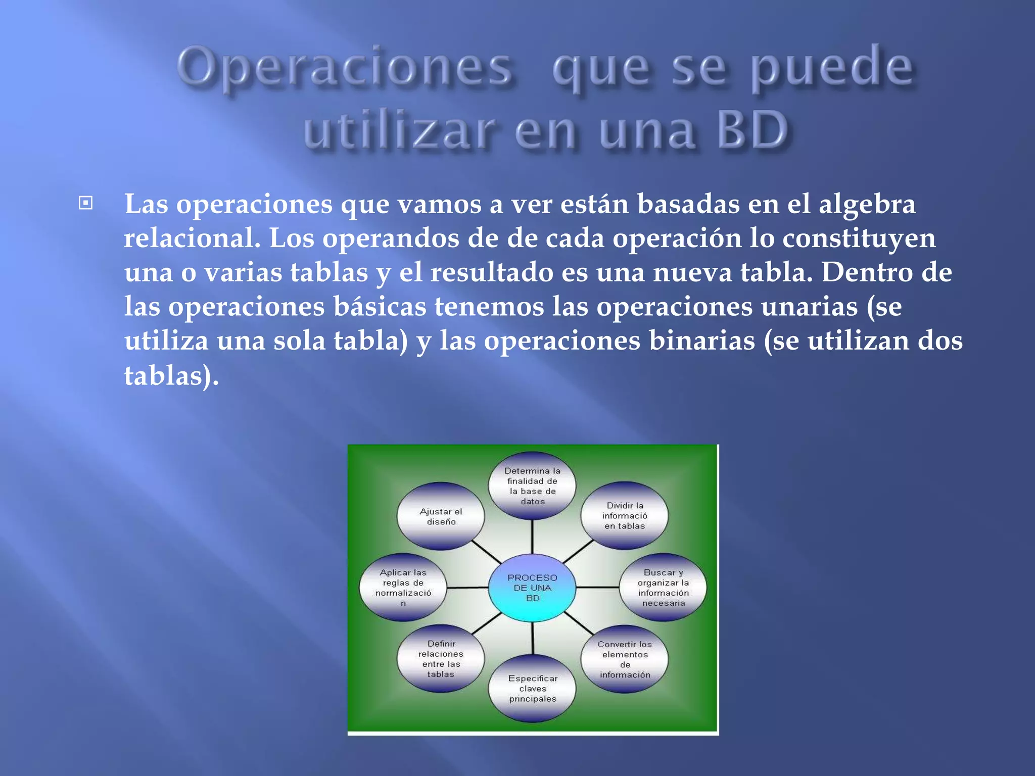 Las operaciones que vamos a ver están basadas en el algebra relacional. Los operandos de de cada operación lo constituyen una o varias tablas y el resultado es una nueva tabla. Dentro de las operaciones básicas tenemos las operaciones unarias (se utiliza una sola tabla) y las operaciones binarias (se utilizan dos tablas).   
