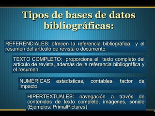 Tipos de bases de datos bibliográficas: REFERENCIALES:  ofrecen la referencia bibliográfica  y el resumen del artículo de revista o documento. TEXTO COMPLETO:  proporciona el  texto completo del artículo de revista, además de la referencia bibliográfica y el resumen. NUMÉRICAS estadísticas, contables, factor de impacto.  HIPERTEXTUALES: navegación a través de contenidos de texto completo, imágenes, sonido (Ejemplos: PrimalPictures) 