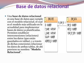 Base de datos relacional
 Una base de datos relacional
  es una base de datos que cumple
  con el modelo relacional, el cual
  es el modelo más utilizado en la
  actualidad para implementar
  bases de datos ya planificadas.
  Permiten establecer
  interconexiones (relaciones)
  entre los datos (que están
  guardados en tablas), y a través
  de dichas conexiones relacionar
  los datos de ambas tablas, de ahí
  proviene su nombre: "Modelo
  Relacional".
 