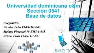 Universidad dominicana o&m
Sección 0541
Base de datos
Integrantes:
Wander Peña 19-EIIT-1-003
Melany Pimental 19-EIIT-1-043
Reneci Frías 19-EIIT-1-023
 