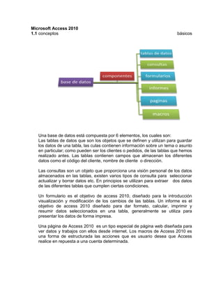 Microsoft Access 2010
1.1 conceptos básicos
Una base de datos está compuesta por 6 elementos, los cuales son:
Las tablas de datos que son los objetos que se definen y utilizan para guardar
los datos de una tabla, las culas contienen información sobre un tema o asunto
en particular; como pueden ser los clientes o pedidos, de las tablas que hemos
realizado antes. Las tablas contienen campos que almacenan los diferentes
datos como el código del cliente, nombre de cliente o dirección.
Las consultas son un objeto que proporciona una visión personal de los datos
almacenados en las tablas, existen varios tipos de consulta para seleccionar
actualizar y borrar datos etc. En principios se utilizan para extraer dos datos
de las diferentes tablas que cumplen ciertas condiciones.
Un formulario es el objetivo de access 2010, diseñado para la introducción
visualización y modificación de los cambios de las tablas. Un informe es el
objetivo de access 2010 diseñado para dar formato, calcular, imprimir y
resumir datos seleccionados en una tabla, generalmente se utiliza para
presentar los datos de forma impresa.
Una página de Access 2010 es un tipo especial de página web diseñada para
ver datos y trabajos con ellos desde internet. Los macros de Access 2010 es
una forma de estructurada las acciones que es usuario desea que Access
realice en repuesta a una cuenta determinada.
 