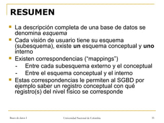 RESUMEN 
 La descripción completa de una base de datos se 
denomina esquema 
 Cada visión de usuario tiene su esquema 
(subesquema), existe un esquema conceptual y uno 
interno 
 Existen correspondencias (“mappings”) 
- Entre cada subesquema externo y el conceptual 
- Entre el esquema conceptual y el interno 
 Estas correspondencias le permiten al SGBD por 
ejemplo saber un registro conceptual con qué 
registro(s) del nivel físico se corresponde 
Bases de datos I Universidad Nacional de Colombia 35 
 