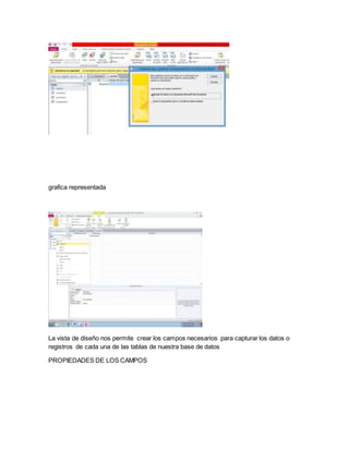 grafica representada 
La vista de diseño nos permite crear los campos necesarios para capturar los datos o 
registros de cada una de las tablas de nuestra base de datos 
PROPIEDADES DE LOS CAMPOS 
 
