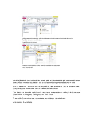 En ellos podemos vincular cada una de los tipos de caracteres en que se nos efectúen en 
cada uno de nuestros recuadros o por lo cual debemos dependen cada uno de ellos 
Nos lo presentan en cada una de las gráficas. Nos enseñan a colocar en el recuadro 
cualquier tipo de información básica sobre cualquier campo 
Otra forma de describir registro son campos es imaginando un catálogo de fichas que 
corresponde a un registro catalogado una tabla única. 
O una tabla única sobra que corresponde a un objetivo caracterizado 
Una relación de una tabla 
 